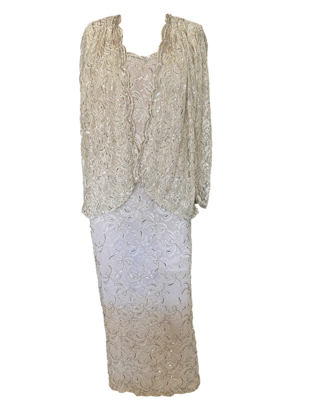 Lillie Rubin Ivory Beaded Sequin Lace Maxi Dress with attached Jacket
